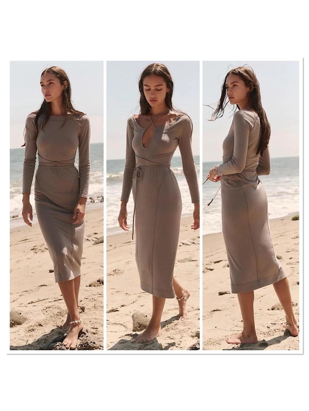FREE PEOPLE BEACH Chic Long Sleeve Multi way Taupe  Gray Midi Dress Size S NWT